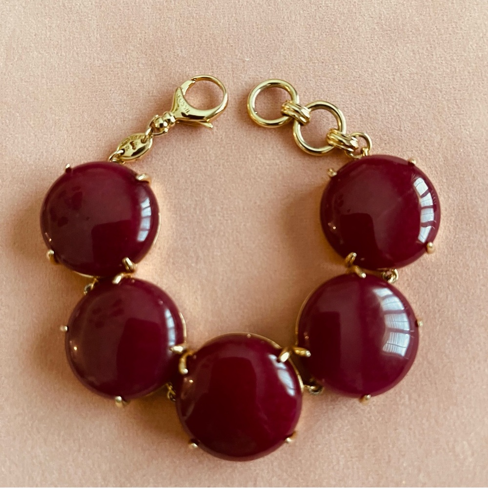 FOSSIL GOLD TONE/ 5 SEMI PRECIOUS FUSCHIA GEMSTONES BRACELET/8” L